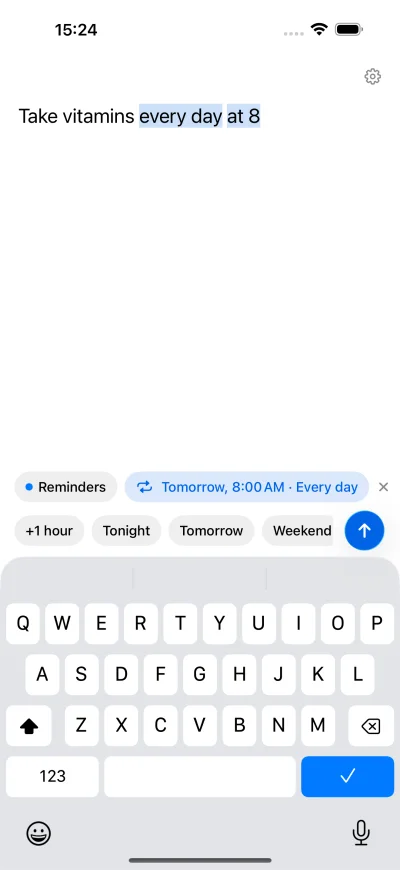 “Take vitamins every day at 8” recognized as a daily repeating reminder at 8:00