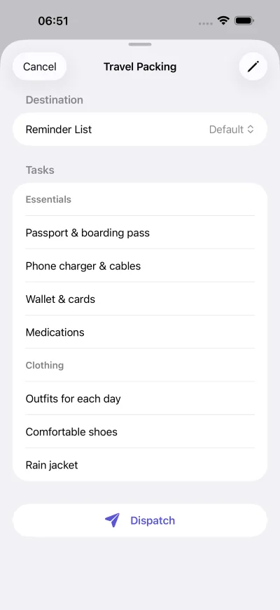 Dispatch sheet for the Travel Packing template, with tasks grouped into Essentials and Clothing