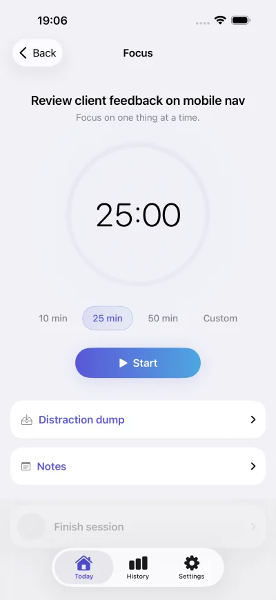Focus timer set to 25 minutes for the priority “Review client feedback on mobile nav”