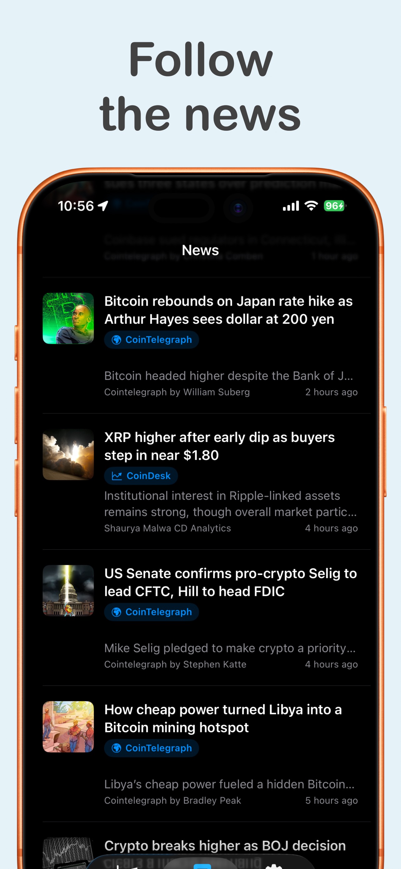 Cryptolandia news feed with article thumbnails and headlines